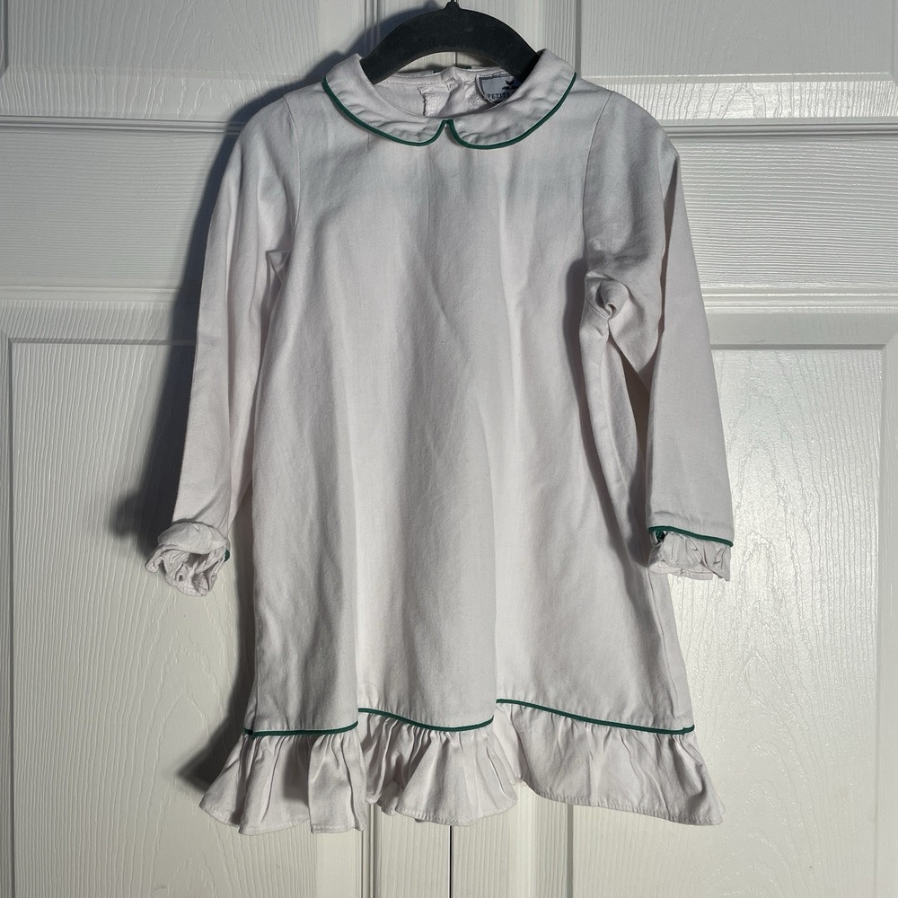Petite Plume Twill Sophia Nightgown Girls 2 White Green Piping Peter Pan Collar